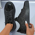 Glitter Sequin Design Flats Shoes Women Trendy Casual Thick-soled Lace-up Sneakers Fashion Skateboard Shoes Pi-Mart