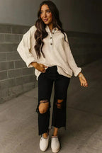Pink Waffle Long Sleeve Collared Half Button Relaxed Fit Top