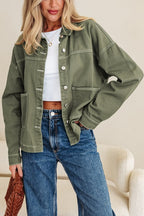 Denim Button-Up Patch Pocket Collared Jacket THRIXINE