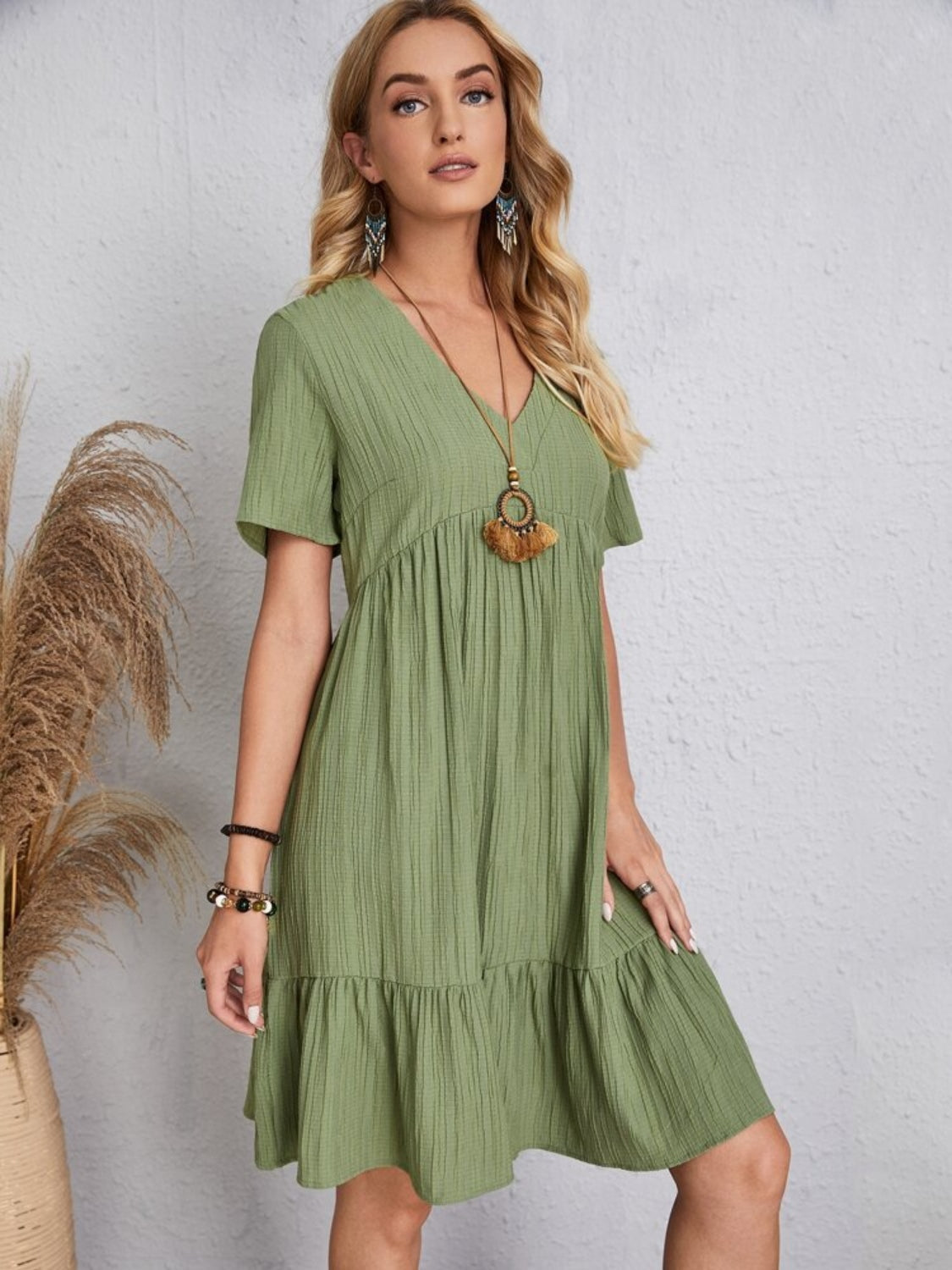 Classic Full Size V-Neck Short Sleeve Dress Casual & Comfortable Dress for Women Stevvex