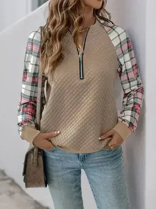 Perfee Plaid Half Zip Long Sleeve Texture Sweatshirt - SJB-DIAMOND ELITES