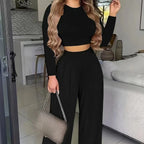 Women's Solid Color Two-piece Solid Exposed Navel Long Sleeved T-shirt And High Waist Wide Leg Pants Set - SJB-DIAMOND ELITES