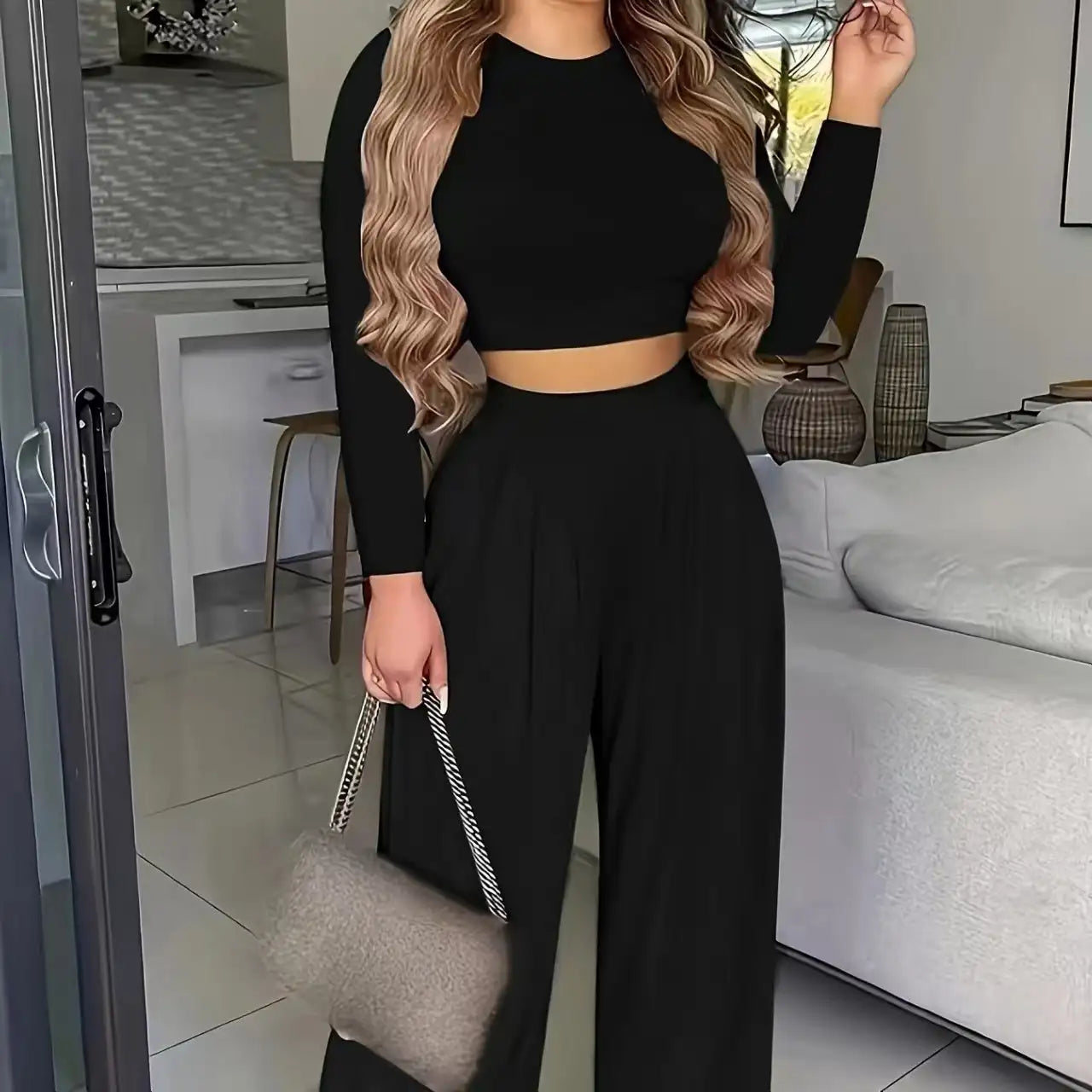 Women's Solid Color Two-piece Solid Exposed Navel Long Sleeved T-shirt And High Waist Wide Leg Pants Set - SJB-DIAMOND ELITES