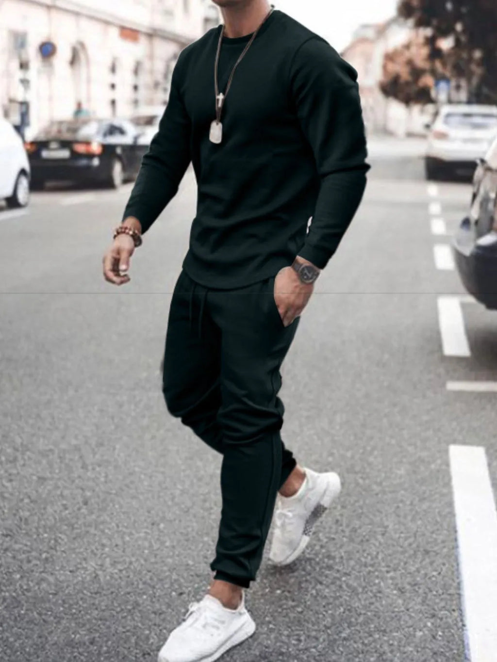 Men's Full Size Round Neck Long Sleeve Top and Pants Set Plus Size