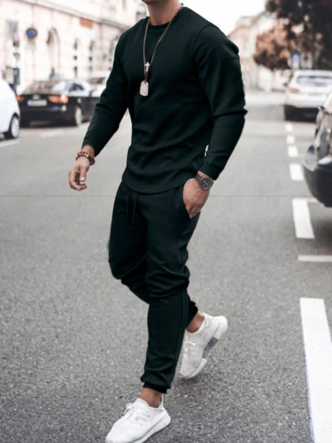 Men's Full Size Round Neck Long Sleeve Top and Pants Set Plus Size