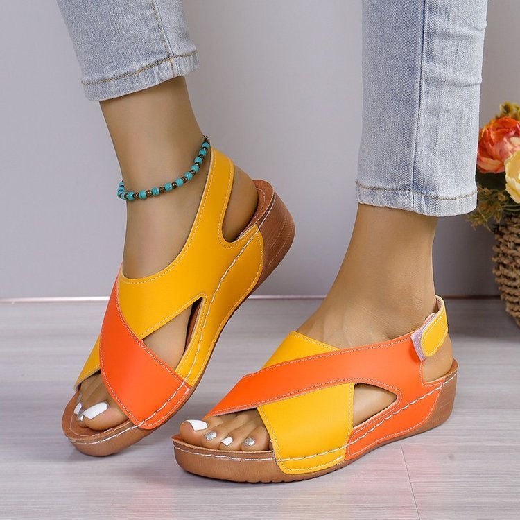 Summer Wedges Sandals With Colorblock Cross-strap Design Casual Thick-soled Roman Shoes For Women Pi-Mart
