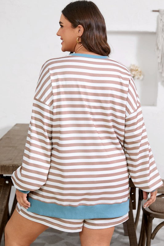Plus Size Stripe Contrast Trim Pullover and Shorts