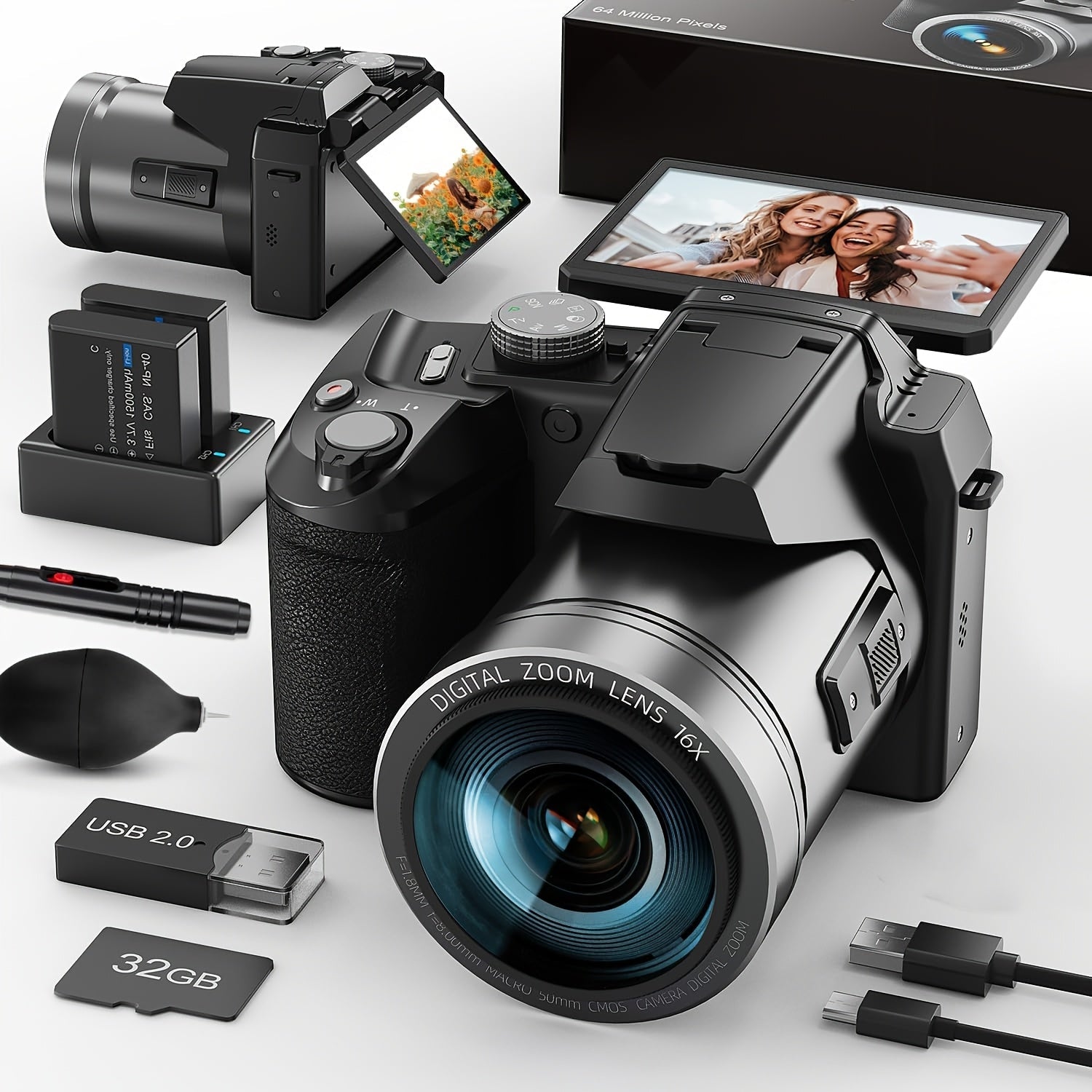 NBD 64MP Digital Camera For Photography And Video, 4K Vlogging Camera With 3' Flip Screen, 16X Digital Zoom, WiFi& Autofocus, Cameras Strap&Tripod, 2 Batteries, 32GB TF Card Lootquake LLC