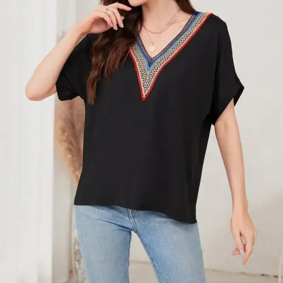 Women's Loose Fit Short Sleeved Breathable Casual Lace V-neck Shirt Top - SJB-DIAMOND ELITES