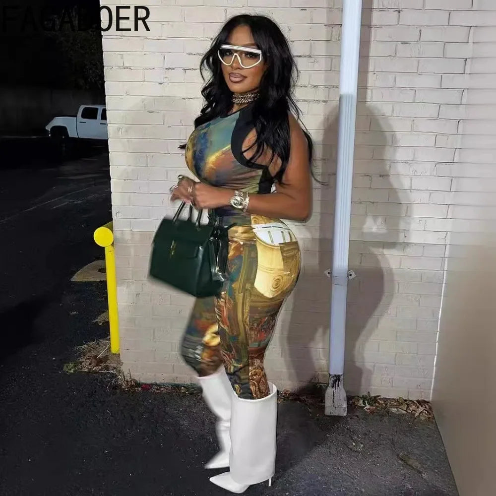FAGADOER Fashion Print 2 Piece Sets Woman Outfit Oil Painting Sleeveless Crop Top And Pants Female Streetwear Summer Spring New Purplish Diva