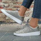 Glitter Sequin Design Flats Shoes Women Trendy Casual Thick-soled Lace-up Sneakers Fashion Skateboard Shoes Pi-Mart