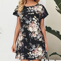 Ladies' Batwing Sleeve Floral Print Waist With Casual Pullover Round Neck Short Sleeved Skirt - SJB-DIAMOND ELITES