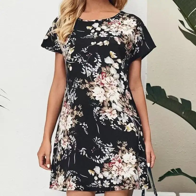Ladies' Batwing Sleeve Floral Print Waist With Casual Pullover Round Neck Short Sleeved Skirt - SJB-DIAMOND ELITES