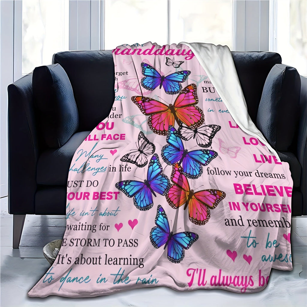 1pc Soft Flannel Butterfly Print Blanket, Warm Cozy Throw for Couch Bed Sofa, To My Granddaughter Lootquake LLC