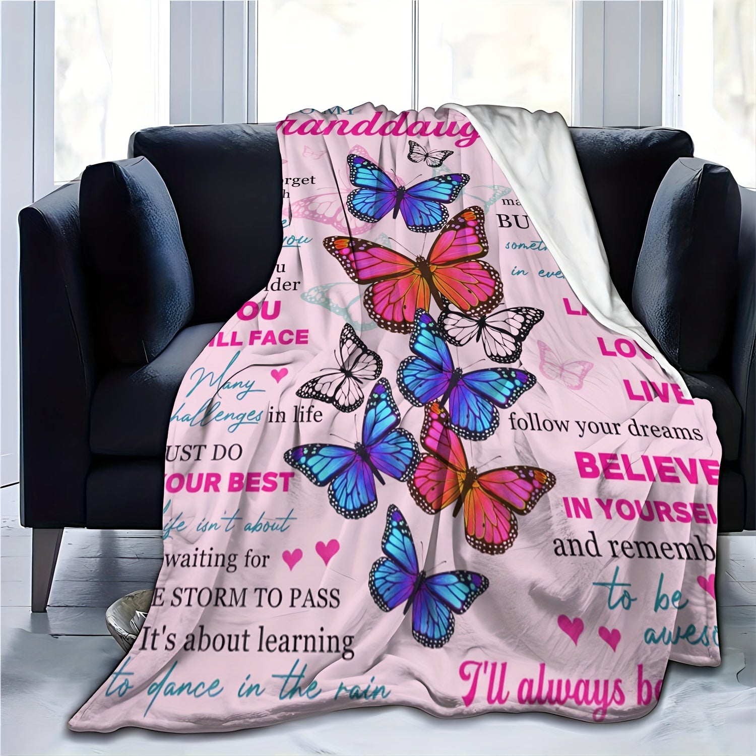 1pc Soft Flannel Butterfly Print Blanket, Warm Cozy Throw for Couch Bed Sofa, To My Granddaughter Lootquake LLC