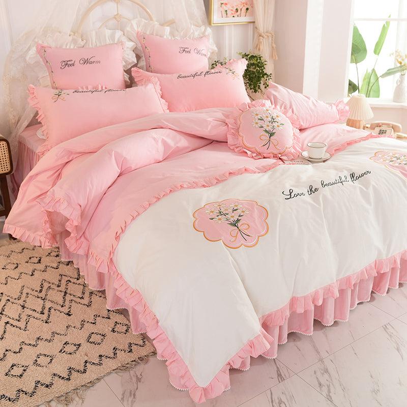 Summer Ruffled Cotton Four-piece Set Girl Heart Embroidery Flower Quilt Cover Pi-Mart