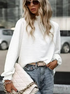 Smocked Frill Mock Neck Long Sleeve Blouse - SJB-DIAMOND ELITES