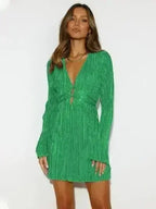 Tied Plunge Flare Sleeve Mini Dress