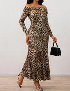 Ladies' Leopard Print One Neck Off Shoulder Slim Fit Bag With Wide Hips, Relaxed Flower Petal Skirt Hem, Date Party Party Dress - SJB-DIAMOND ELITES
