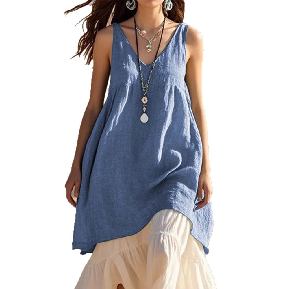 Fashion Sleeveless Cotton Linen Solid Color And V-neck Beach Dress Lootquake LLC