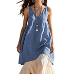 Fashion Sleeveless Cotton Linen Solid Color And V-neck Beach Dress Lootquake LLC
