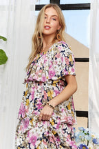 Layered Floral Off-Shoulder Short Sleeve Maxi Dress – Elegant Off-Shoulder Maxi Dress with Layered Floral Pattern for a Romantic Look