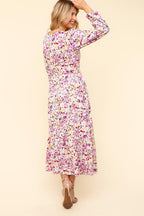 Lilac Full Size Floral V-Neck Long Sleeve Dress With Side Pockets Elegant & Practical Dress
