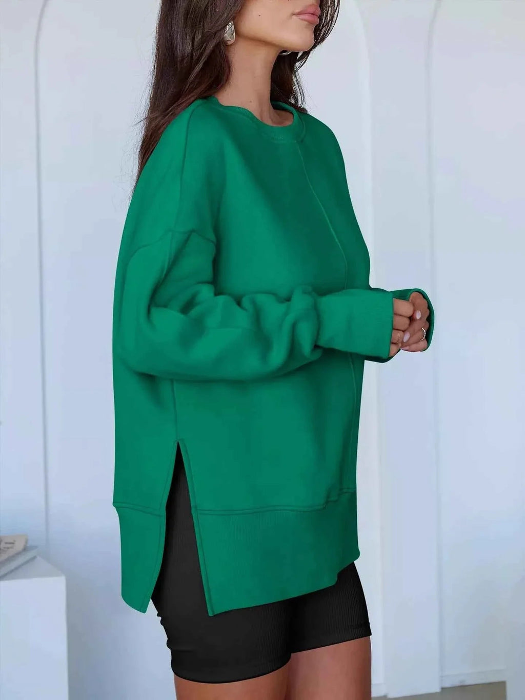 Side Slit Round Neck Long Sleeve Sweatshirt THRIXINE