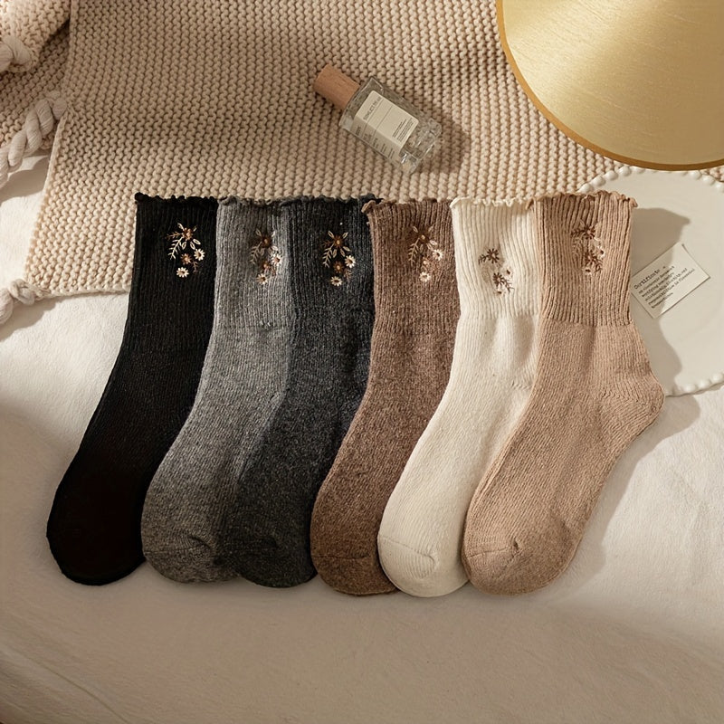 6 Pairs Floral Embroidery Socks, Comfy & Soft Lettuce Trim Socks, Women's Stockings & Hosiery Lootquake LLC