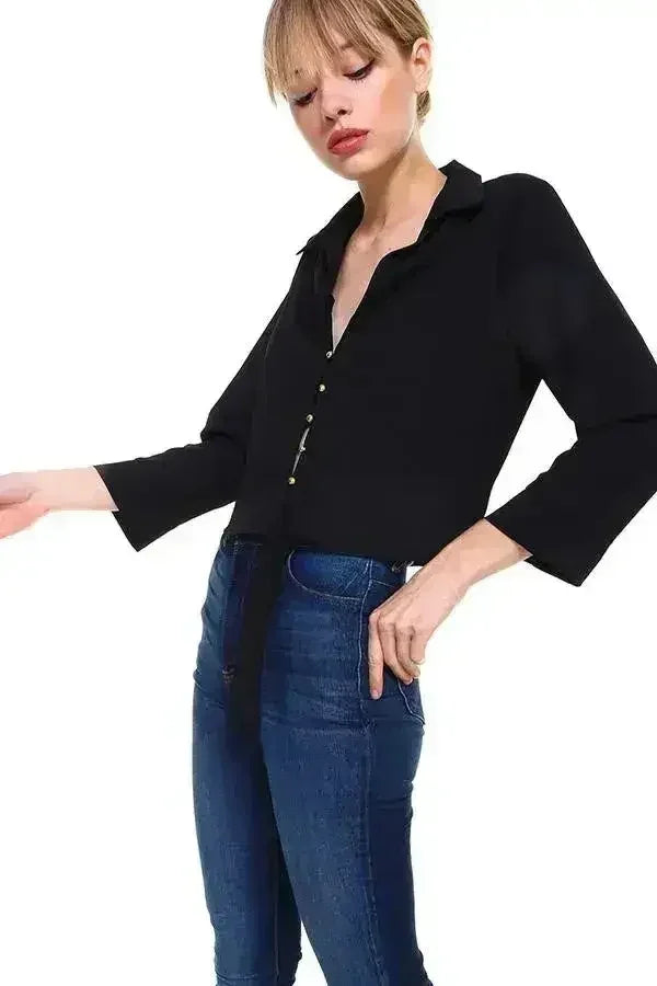 Solid Button Down Tie Front Blouse | Femstylo - SJB-DIAMOND ELITES