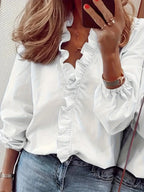 Pure Color Ruffle Hemline Shirt, Casual V-neck Long Sleeve Shirt. - SJB-DIAMOND ELITES