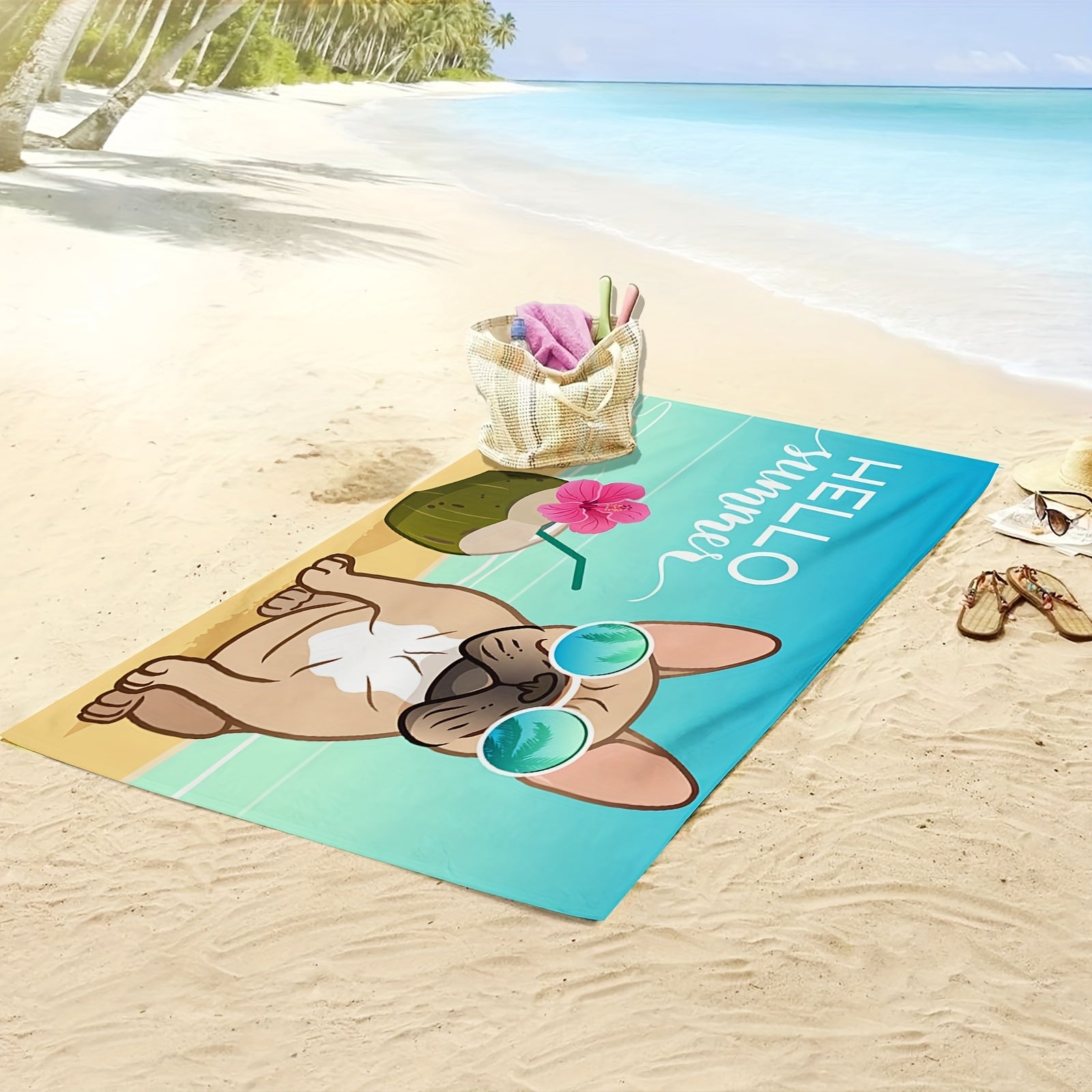 1pc Adorable Bulldog Pattern Beach Towel - Ultra-Soft, XLarge & Quick-Dry Blanket for Summer Fun - Perfect for Pool, Camping, Travel & Beach Adventures - A Must-Have Beach Accessory