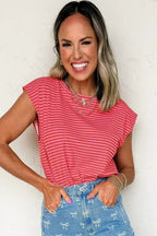 Black Stripe Ribbed Cap Sleeve Round Neck T Shirt