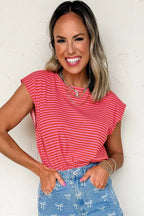 Black Stripe Ribbed Cap Sleeve Round Neck T Shirt