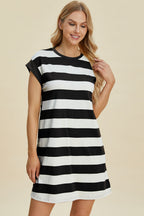 Full Size Striped Round Neck Cap Sleeve Mini Dress For Women – Striped Mini Dress, Full-Size Round Neck Dress, Comfortable Cap Sleeve Dress, Chic Striped Dress, Flattering Mini Dress, Casual Everyday Dress, Versatile Striped Dress Stevvex