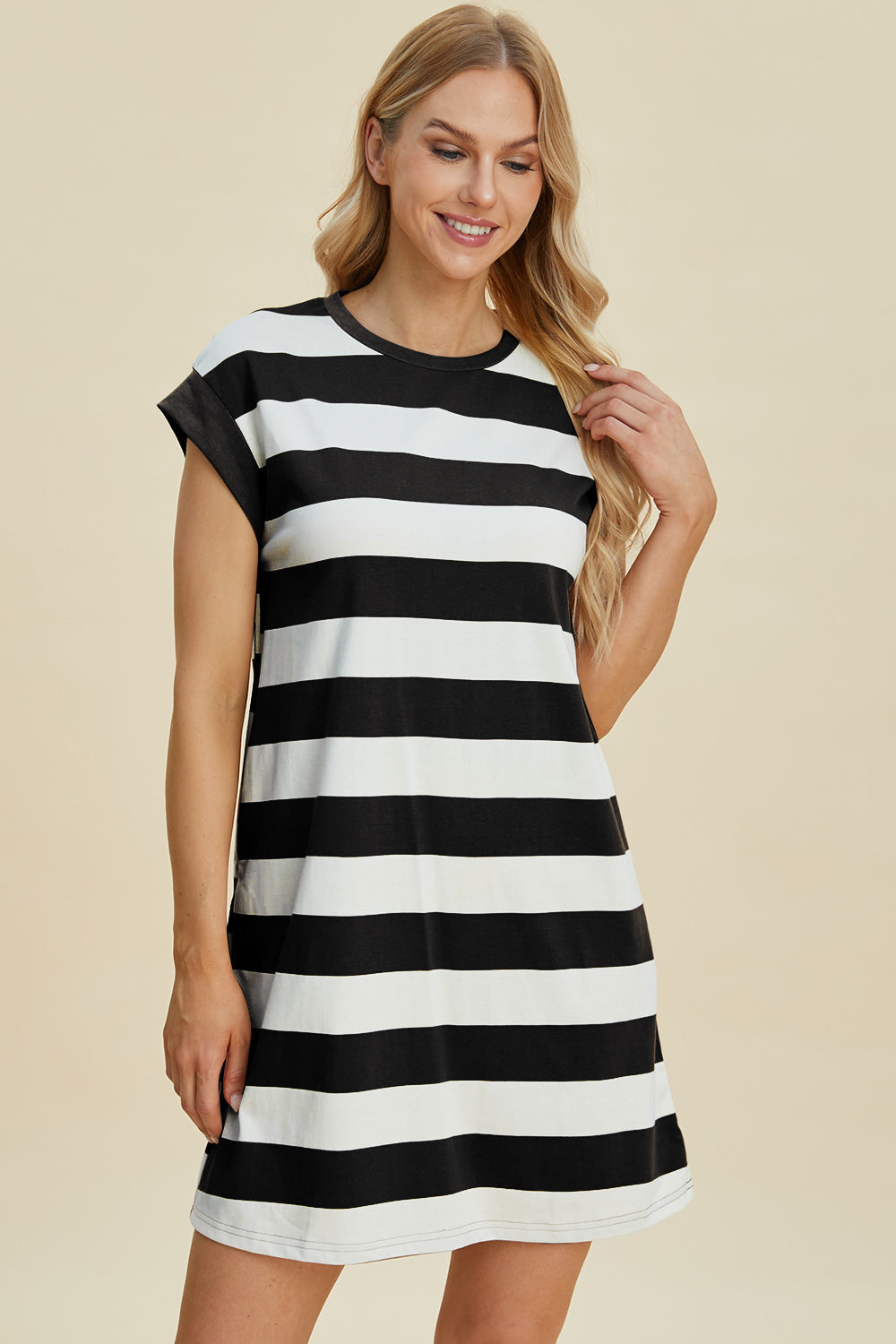 Full Size Striped Round Neck Cap Sleeve Mini Dress For Women – Striped Mini Dress, Full-Size Round Neck Dress, Comfortable Cap Sleeve Dress, Chic Striped Dress, Flattering Mini Dress, Casual Everyday Dress, Versatile Striped Dress Stevvex
