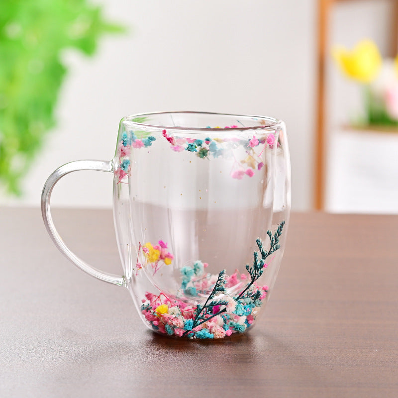 Creative Household Coffee Milk Dried Flower Quicksand Double Layer Glass Cup Pi-Mart