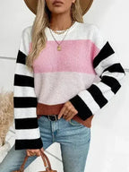 Color Block Round Neck Long Sleeve Sweater - SJB-DIAMOND ELITES