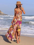 Slit Printed Halter Neck Cami Dress