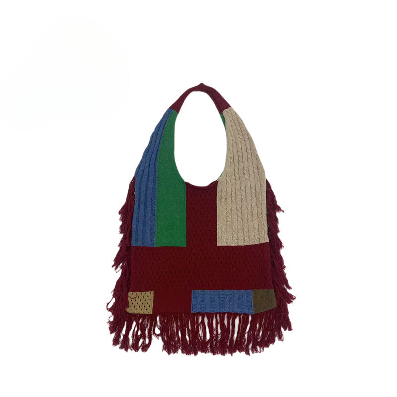 Tassel bag women, splicing knitted shoulder bag, simple and versatile retro knitted bag hobo - SJB-DIAMOND ELITES
