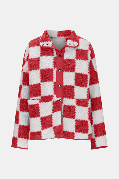 Elegant Checkered Snap Down Long Sleeve Teddy Jacket Soft & Warm Colorful Jacket Stevvex