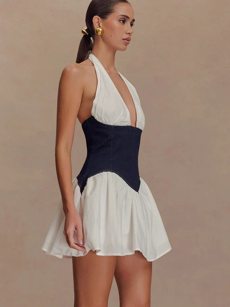 JULISSA MO Patchwork Sexy Deep V-neck Denim Mini Dress Women White Backless Halter Dress Summer Slim Elegant Party Club Outfits Purplish Diva