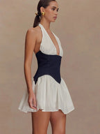 JULISSA MO Patchwork Sexy Deep V-neck Denim Mini Dress Women White Backless Halter Dress Summer Slim Elegant Party Club Outfits Purplish Diva
