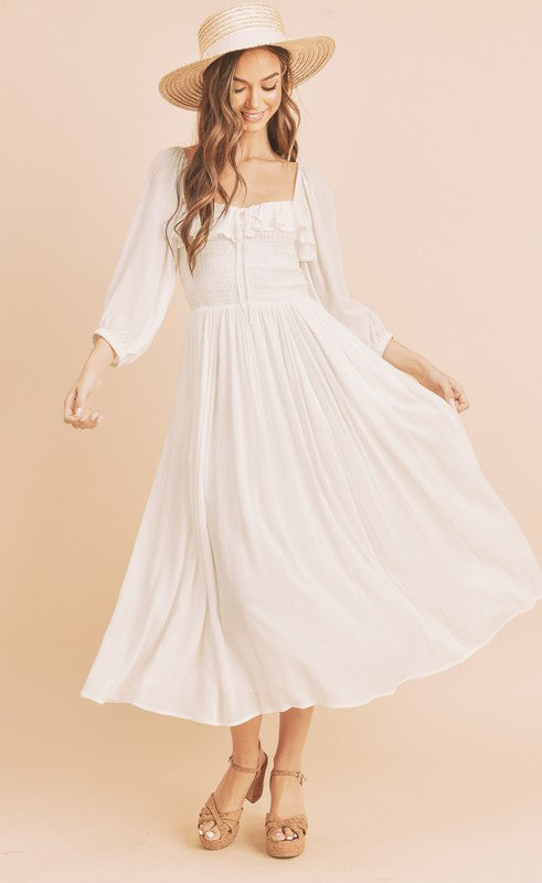 New Summer Ruffled Smocked Square Neck Balloon Sleeve Comfortable Dress – Feminine, Chic, and Elegant for Any Occasion Stevvex