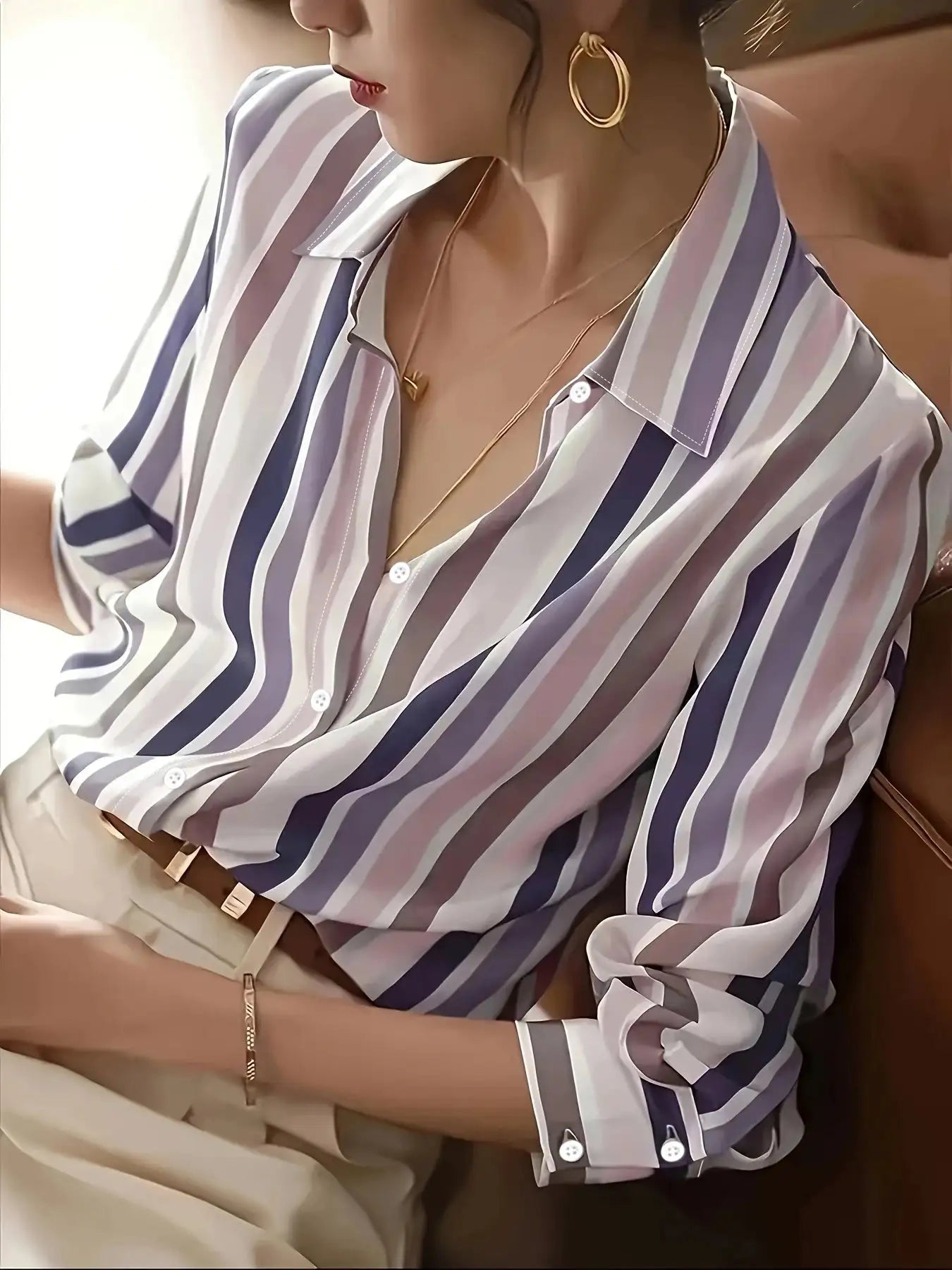 Ladies' Long-sleeved Striped Printed Versatile Casual Shirt - SJB-DIAMOND ELITES