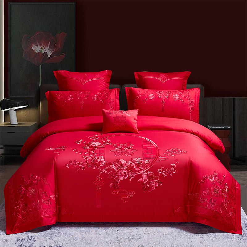 Red Wedding Four-piece Set Wholesale Cotton Wedding Embroidery Bedding Pure Cotton Marriage Bed Xi Quilt Cover Dragon And Phoenix Pi-Mart