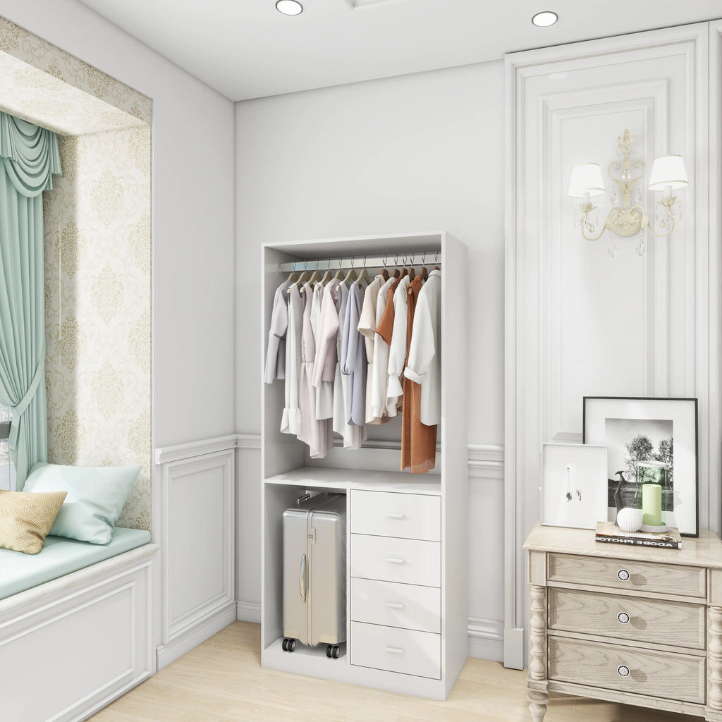 White Wood Closet System Storage Stand-Alone Wardrobe with 4 Drawers Closet Organizer Armoires and Wardrobeswith Hanging Rod 31.5"W x 15.7"D x 70.8"H Pi-Mart