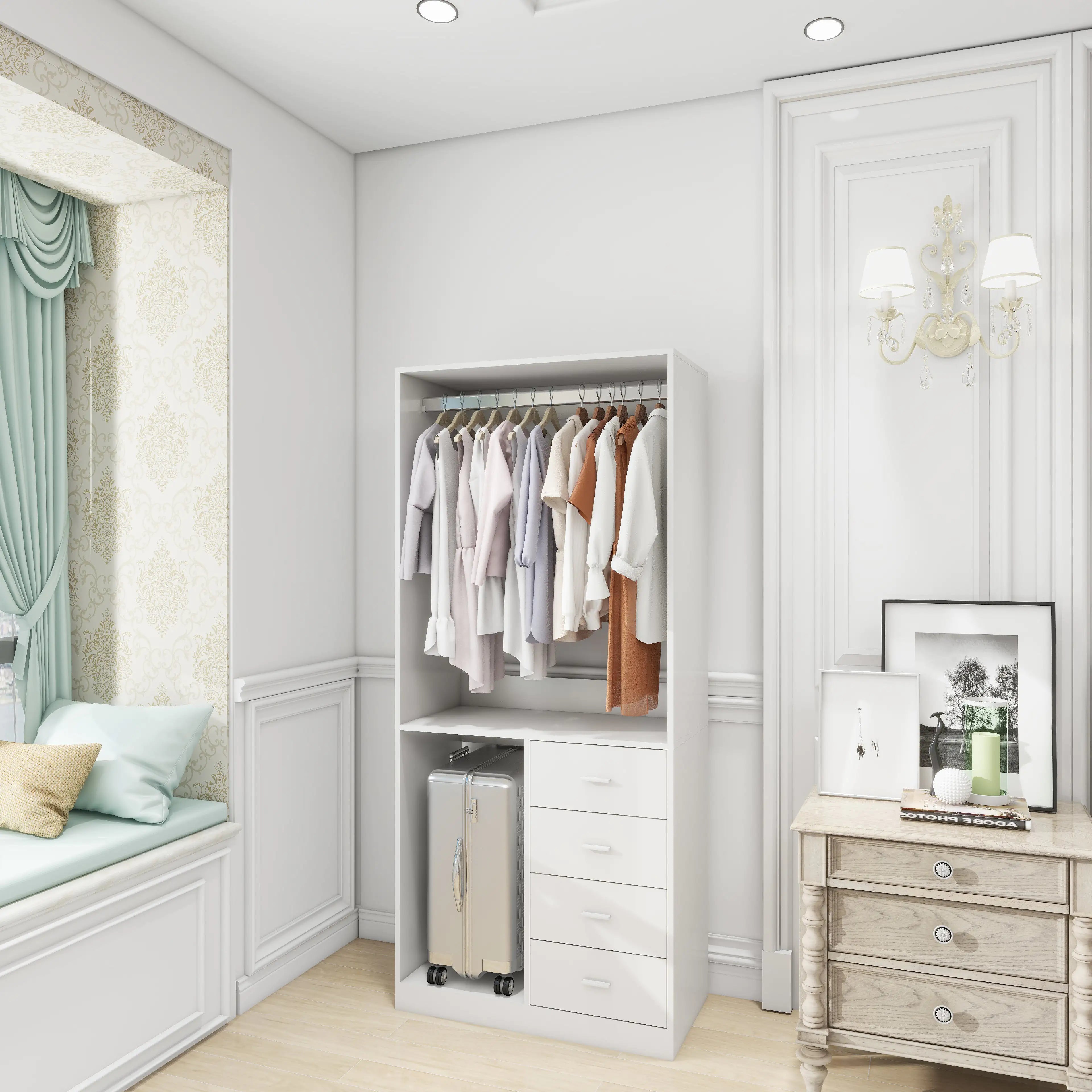 White Wood Closet System Storage Stand-Alone Wardrobe with 4 Drawers Closet Organizer Armoires and Wardrobeswith Hanging Rod 31.5"W x 15.7"D x 70.8"H Pi-Mart