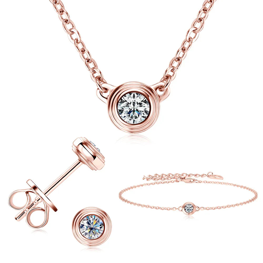3mm Moissanite Jewelry Set 925 Sterling Silver Necklace Bracelet Stud Earrings BandsCo Straps