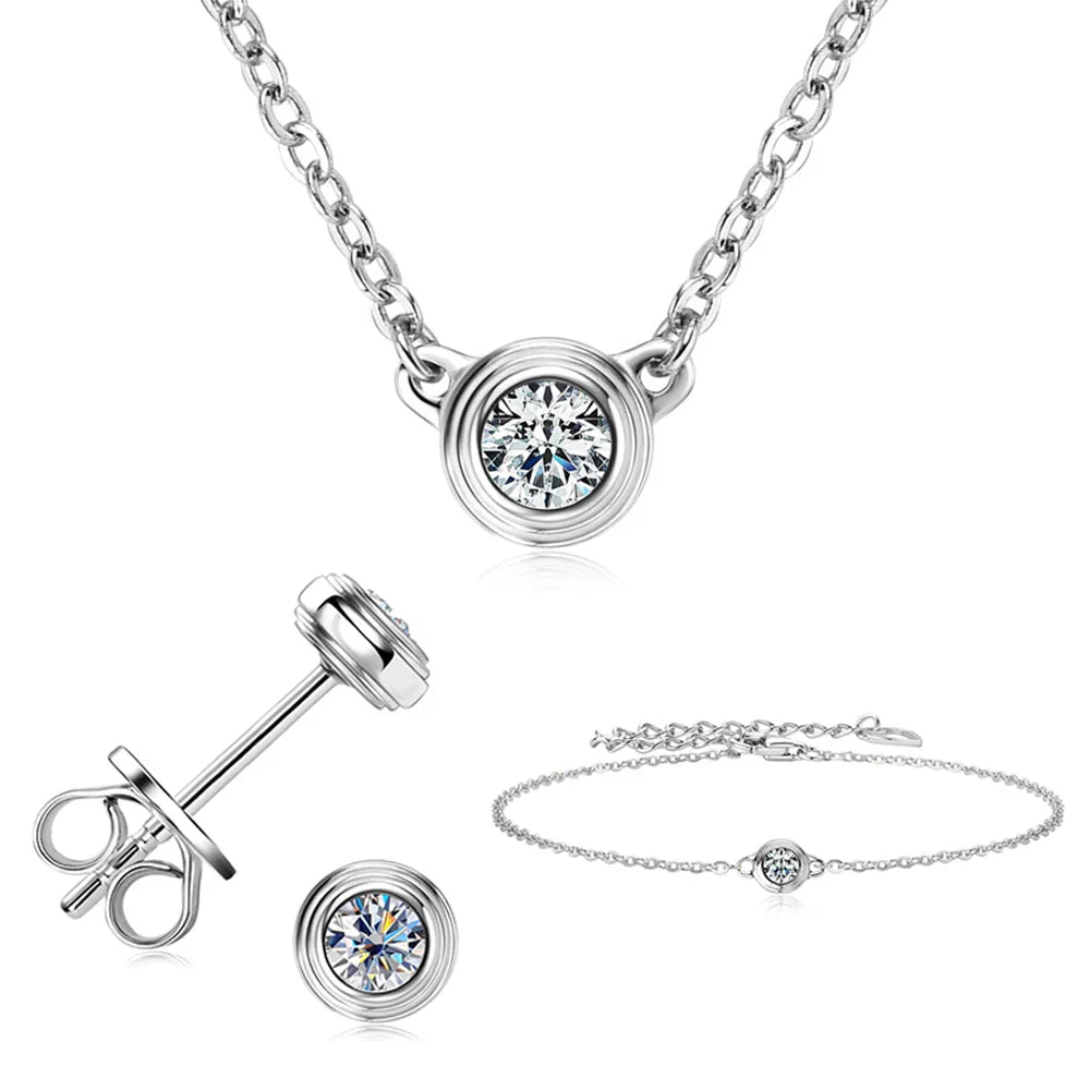 3mm Moissanite Jewelry Set 925 Sterling Silver Necklace Bracelet Stud Earrings BandsCo Straps